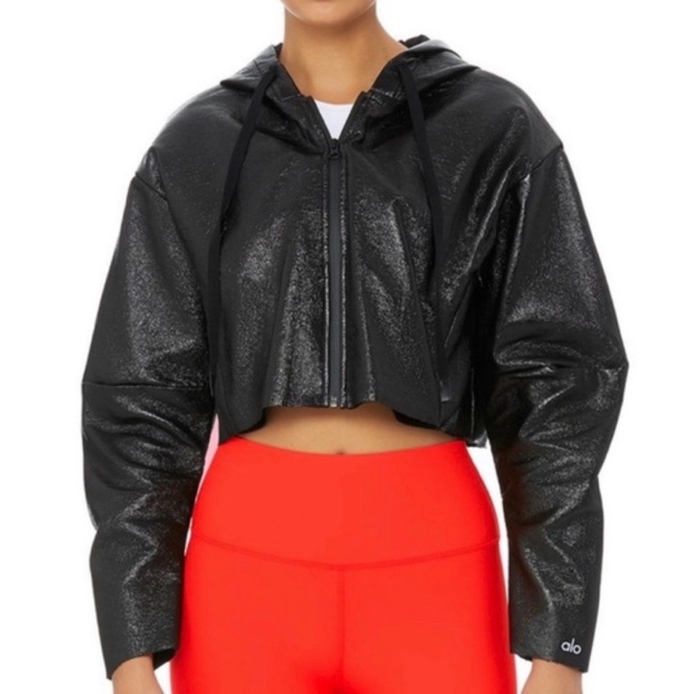 ALO Yoga Black Cropped Shiny Bomber Jacket